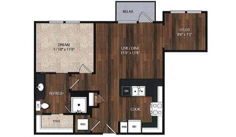 Floor plan for 1 bed, 1 bath, 770 sqft